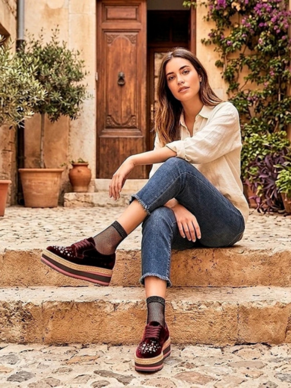 Prada Burgundy Velvet Embellished Platform Creeper Oxfords EU 40